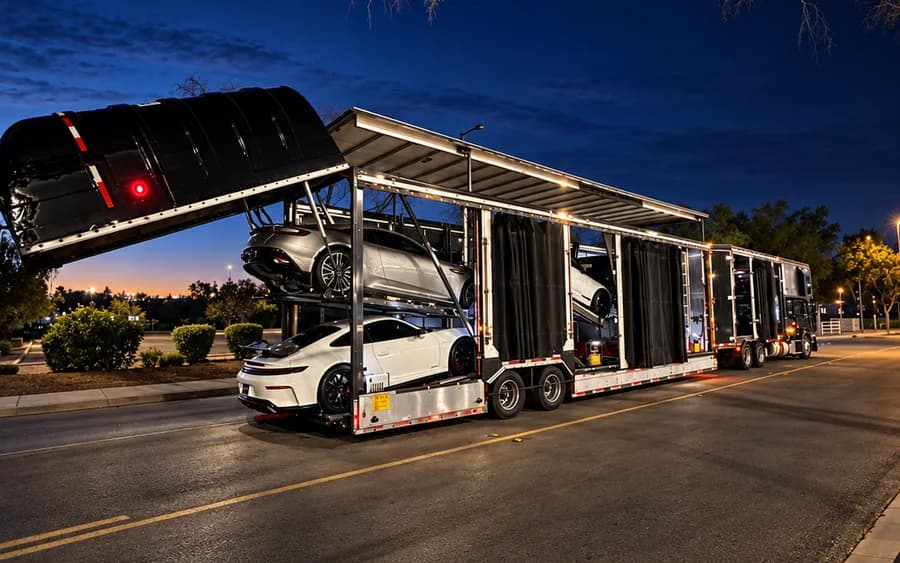 A covered car carrier loaded with sports cars, lit up on the road at nightfall.