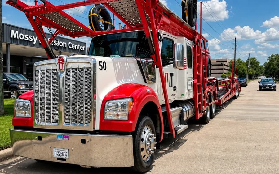 A red and white Kenworth car hauler parked outside a dealership.
