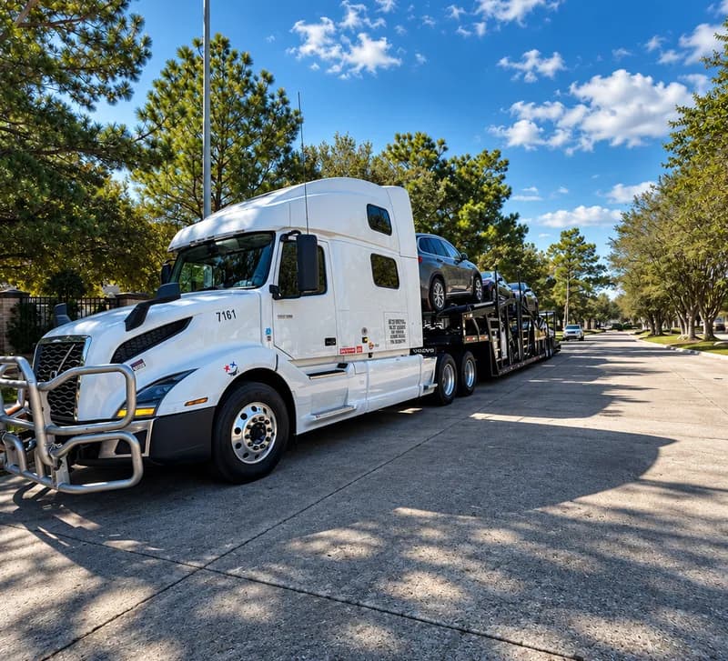 A white Volvo tractor unit and car hauler waiting on a residential street.