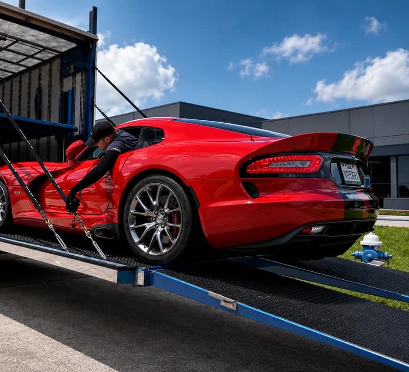 A driver strapping down a red Dodge Viper inside an enclosed trailer.