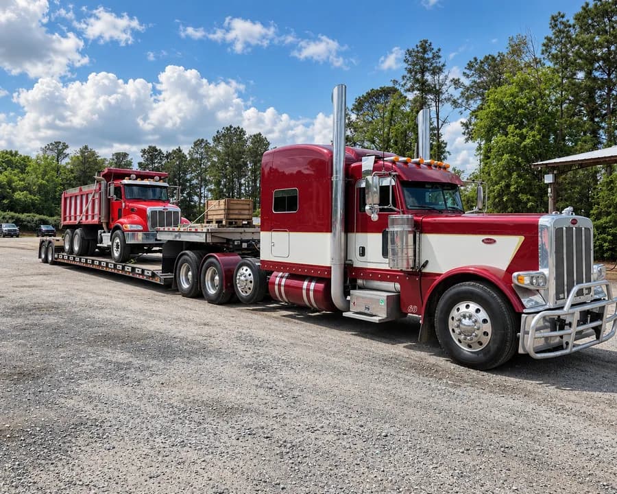 A maroon and cream Peterbilt 389 coupled to a lowboy trailer carrying a red dump truck.