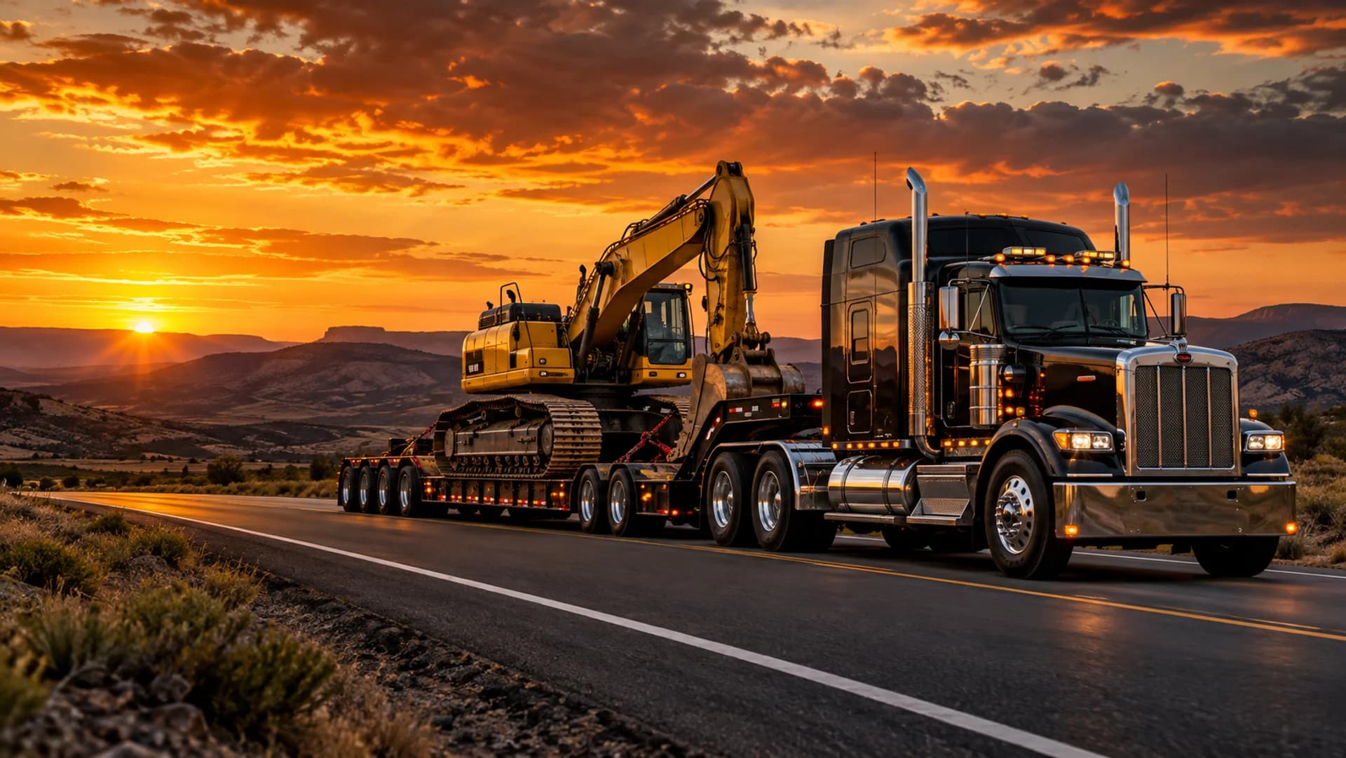 Black semi truck hauling a yellow excavator through a sunset landscape